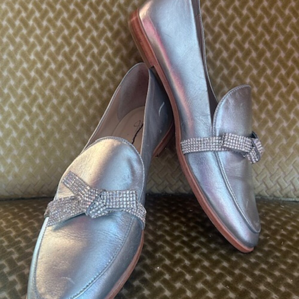 Anthropologie x Guilhermina Crystal Bow Metallic Silver Leather Loafers Flats 9 - Picture 5 of 16